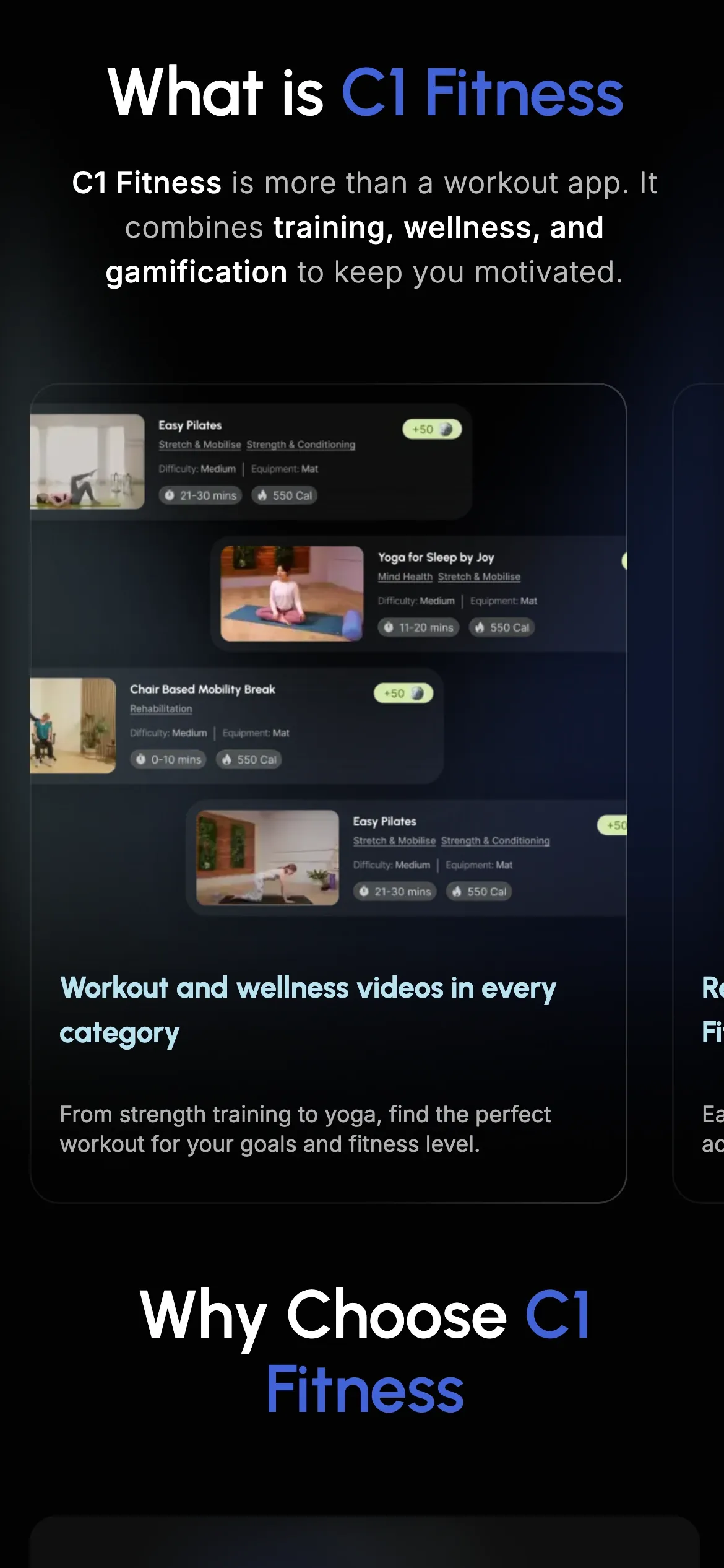 C1 Fitness workout library section on mobile