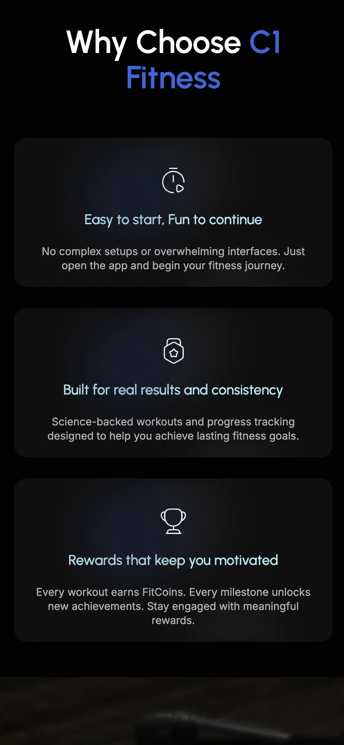 C1 Fitness feature highlights on mobile